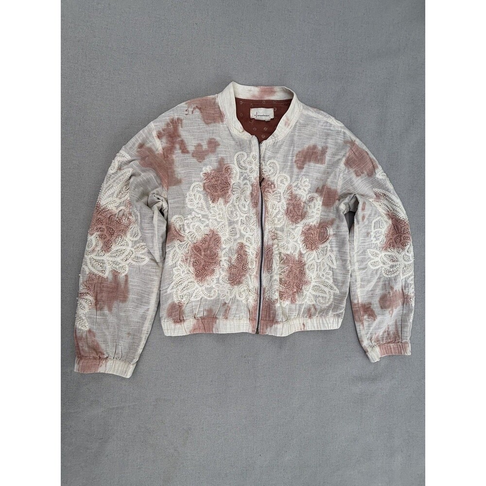 Anthropologie Y2K Embroidered Bomber Jacket Women S Pink Cream Boho Floral Zip
